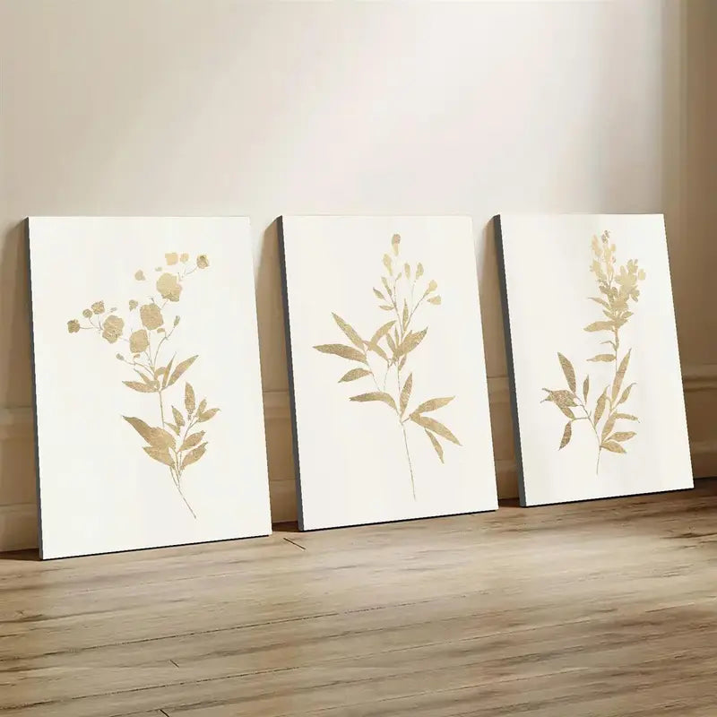 3 Stuks – Houten Ingelijste Canvas Wanddecoratie – Nordic Minimalistische Stijl – Gouden Planten en Bladeren Print – Waterdicht Schilderij op Canvas – Moderne Muurkunst voor Woonkamer, Slaapkamer of Kantoor – Creatieve Poster Set als Cadeau