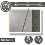 LED Badspiegel 80 x 60 cm – Aquamarin Wandspiegel Met Verlichting – Touchschakelaar / Digitale Klok – Dimbare LED Verlichting In Warmwit, Neutraal En Koudwit – 4 mm Dik Vochtbestendig Glas – 15 W – 120 LEDs – Spiegel Met Licht Voor Badkamer Of Kleedruimte
