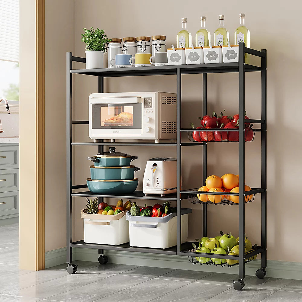 4-Laags Metalen Keukenrek met Wielen en 3 Zijmanden – Zwart – 80 × 32 × 108,5 cm – Magnetron Rek met Opslagplanken en Moderne Industriële Look