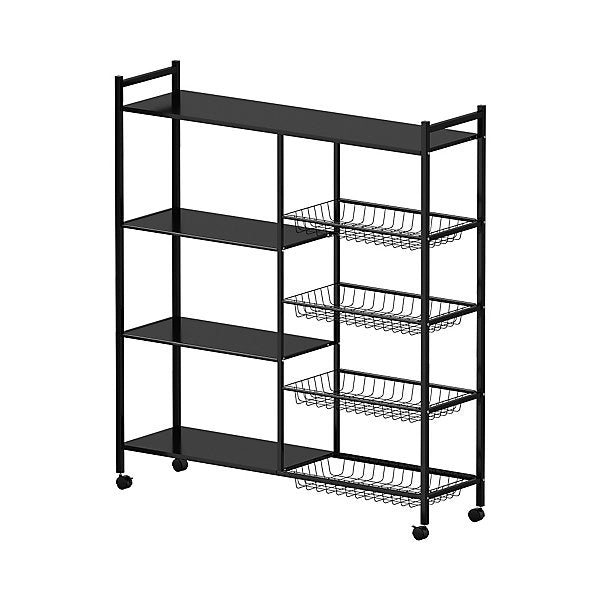 4-Laags Zwart Metalen Keukenrek met Wielen en 3 Zijmanden – 80 × 32 × 108,5 cm – Vrijstaand Magnetronrek met Industriële Stijl en Opslagplanken