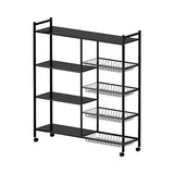 4-Laags Zwart Metalen Keukenrek met Wielen en 3 Zijmanden – 80 × 32 × 108,5 cm – Vrijstaand Magnetronrek met Industriële Stijl en Opslagplanken