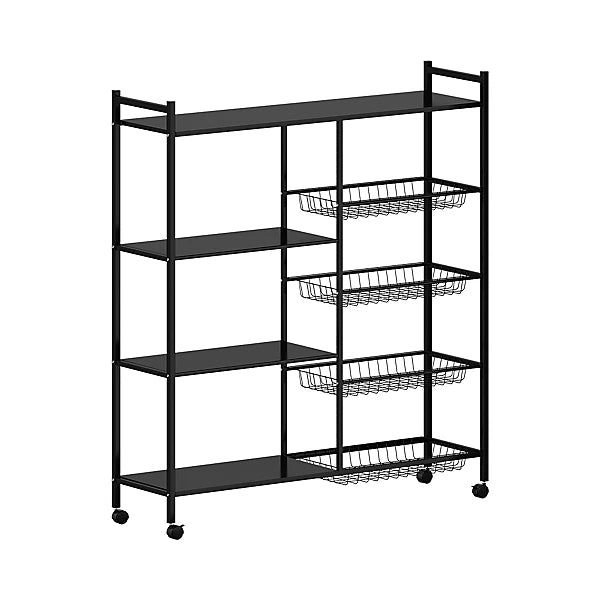 4-Laags Zwart Metalen Keukenrek met Wielen en 3 Zijmanden – 80 × 32 × 108,5 cm – Vrijstaand Magnetronrek met Industriële Stijl en Opslagplanken