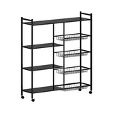 4-Laags Zwart Metalen Keukenrek met Wielen en 3 Zijmanden – 80 × 32 × 108,5 cm – Vrijstaand Magnetronrek met Industriële Stijl en Opslagplanken