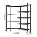 4-Laags Zwart Metalen Keukenrek met Wielen en 3 Zijmanden – 80 × 32 × 108,5 cm – Vrijstaand Magnetronrek met Industriële Stijl en Opslagplanken