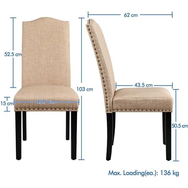 2 stuks eetkamerstoelen met hoge rug – gestoffeerde stoffen dining chairs – Parsons stijl stoel met houten poten – nagelrand afwerking – keukenstoel set khaki – 45.5 x 62 x 103 cm – moderne eetkamerstoelen met verstelbare poten