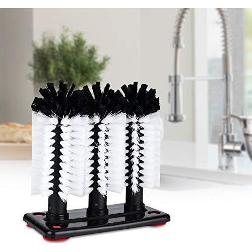 Glazenspoelborstel met 3 Nylon Borstels – Zuignapvoet voor Spoelbak – Ø 17 cm x 17,5 cm – Krasvrije Reiniging voor Bierglazen, Wijnglazen & Mokken – Horecakwaliteit