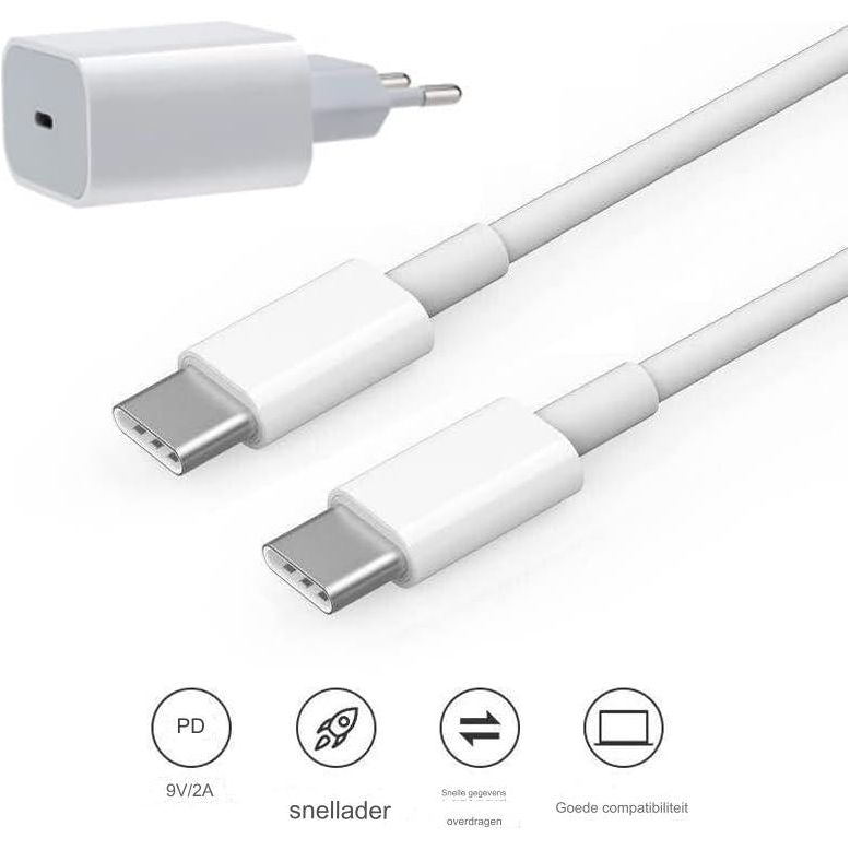 18-Watt Snel Oplaadset - 18 Watt Snel Oplaadstation met USB Type C Uitgang, EU-stekker + USB-C Kabel - USB C 3.0, 1 meter of 2 meter, Omkeerbaar PD, Snel Opladen en Gegevensoverdracht, Kleur: Wit (1 meter)
