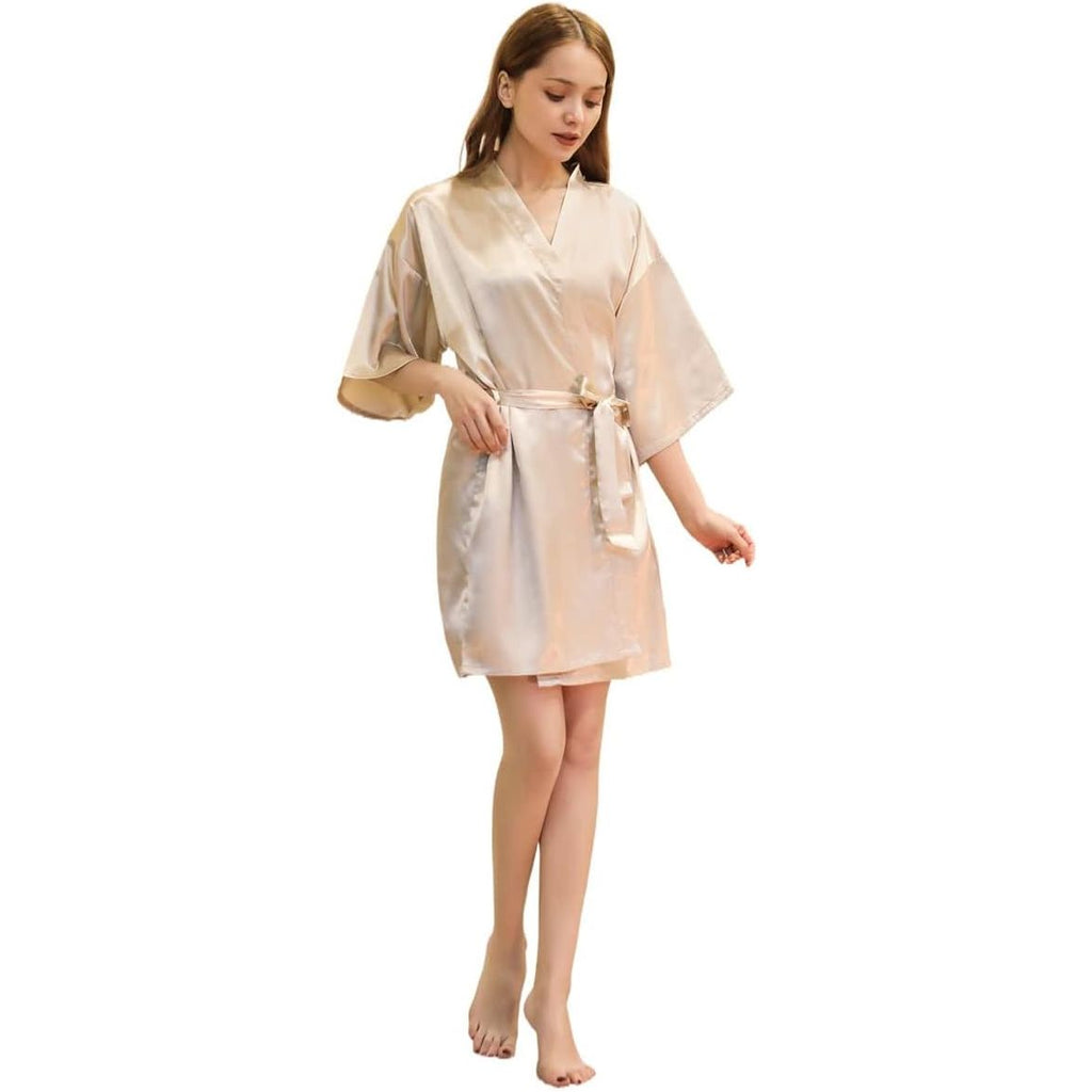 Satijnen Kimono Badjas voor Meisjes – Zijdezachte Kinderbadjas – Lichtgewicht Nachtkleding voor Spa Verjaardag Bruiloft Slaapfeestje – Korte V-Hals Jurk met Ceintuur – Polyester – Maat M