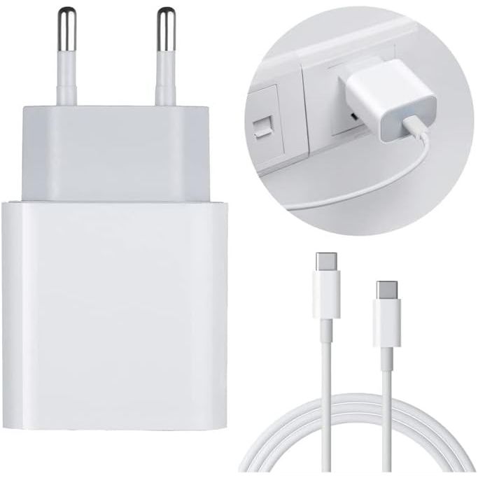 18-Watt Snel Oplaadset - 18 Watt Snel Oplaadstation met USB Type C Uitgang, EU-stekker + USB-C Kabel - USB C 3.0, 1 meter of 2 meter, Omkeerbaar PD, Snel Opladen en Gegevensoverdracht, Kleur: Wit (1 meter)