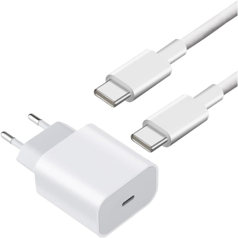 18-Watt Snel Oplaadset - 18 Watt Snel Oplaadstation met USB Type C Uitgang, EU-stekker + USB-C Kabel - USB C 3.0, 1 meter of 2 meter, Omkeerbaar PD, Snel Opladen en Gegevensoverdracht, Kleur: Wit (1 meter)