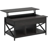 Salontafel Met Verhoogbaar Tafelblad – Industriële Koffietafel Met Open Vakken En Verborgen Opbergruimte – 100 x 60 cm – Verstelbare Tafel Voor Woonkamer – Zwart Stalen Frame Met X-Design – Houtlook Tafelblad In Houtskoolgrijs