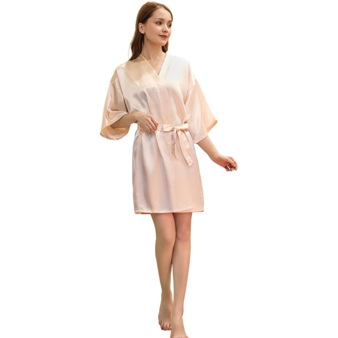 Satijnen Kimono Badjas voor Meisjes – Zijdezachte Kinderbadjas – Lichtgewicht Nachtkleding voor Spa Verjaardag Bruiloft Slaapfeestje – Korte V-Hals Jurk met Ceintuur – Polyester – Maat M
