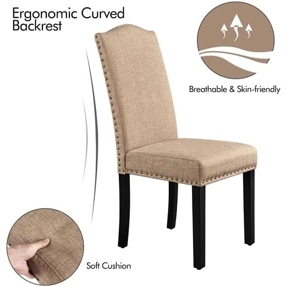 2 stuks eetkamerstoelen met hoge rug – gestoffeerde stoffen dining chairs – Parsons stijl stoel met houten poten – nagelrand afwerking – keukenstoel set khaki – 45.5 x 62 x 103 cm – moderne eetkamerstoelen met verstelbare poten