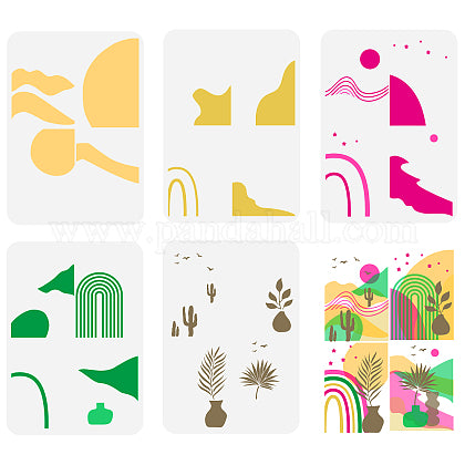 5 stuks voor Schilderen en Tekenen: Bohemian Stijl met Natuurelementen, Zon, Maan, Planten - Ideaal voor DIY Scrapbook, Fotoalbums - 297x210mm, Herbruikbaar en Geschikt voor Meerdere Oppervlakken