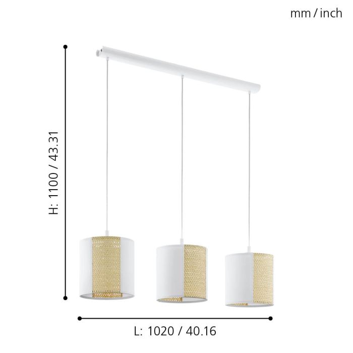 EGLO ARNHEM Hanglamp - Staal - Wit - Lampenkap van Papier en Zeewier - E27 Fitting - IP20 Veiligheidsklasse - Afmetingen: 1020x240x1100 mm - 2,75 kg - 220-240V Voedingsspanning - Exclusief Lichtbron - Voor Woonkamer/Eetkamer