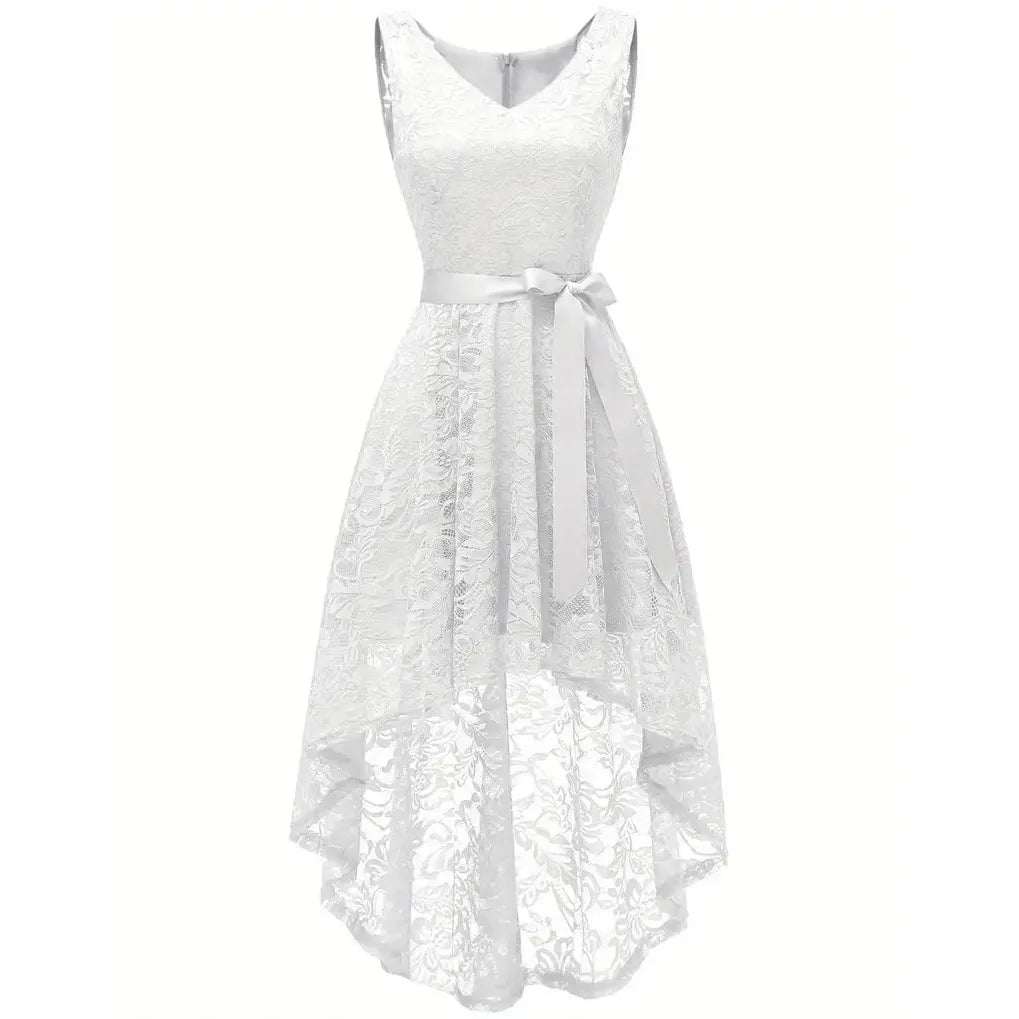 Cocktailjurk Voor Dames – Maat S – V-Hals Hoog-Laag Jurk Met Kant En A-Lijn Snit – Elegante Mouwloze Jurk Met Verwijderbare Ceintuur – Knielengte Vooraan En Enkellengte Achteraan – Perfect Voor Feest, Bruiloft, Prom, Avond Of Galagelegenheden