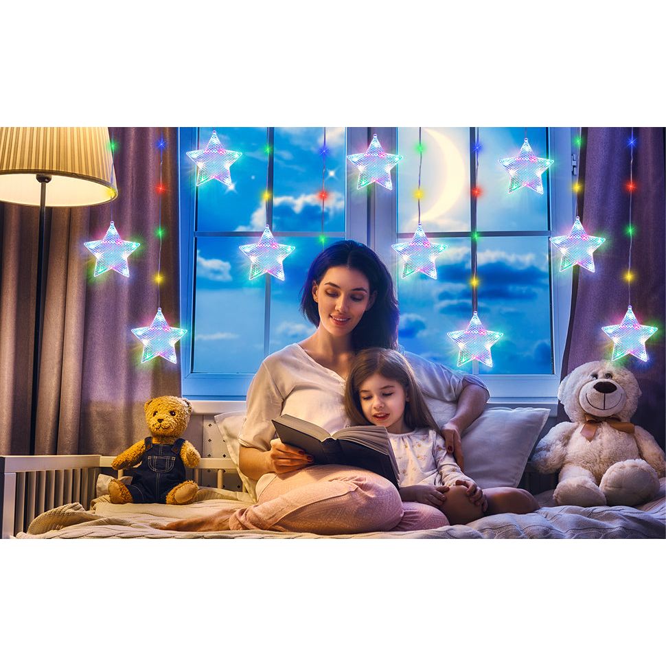 Lichtslinger met Sterren - 3 Meter Verlichte Snoer + 3M Aanloop Snoer - 120 Kleurrijke LED's, 12 Ster Hangers, USB-Aangedreven - 8 Knipperende Standen voor Kerst & Raamdecoratie - Energieklasse A+ - Gordijnverlichting