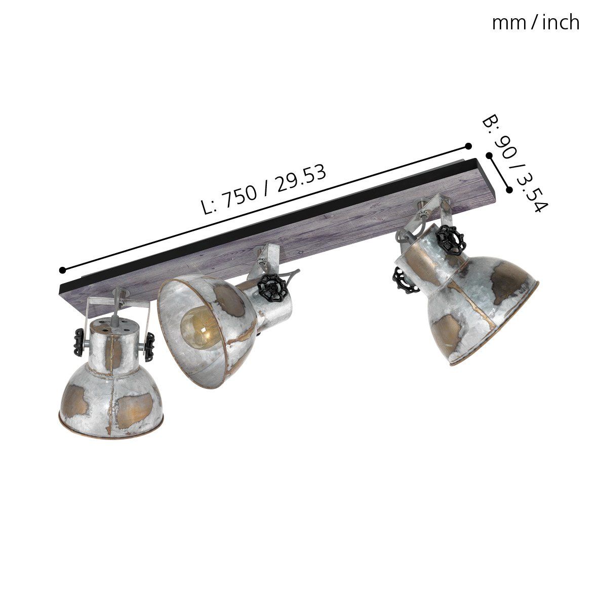 BARNSTAPLE Plafondlamp - Industrieel Spotlamp - Hout En Metaal Design - Verstelbare Zinken Spots - Vintage Look Voor Woonkamer, Keuken, Gangen - 750mm Lang - Geschikt Voor E27 Lampen