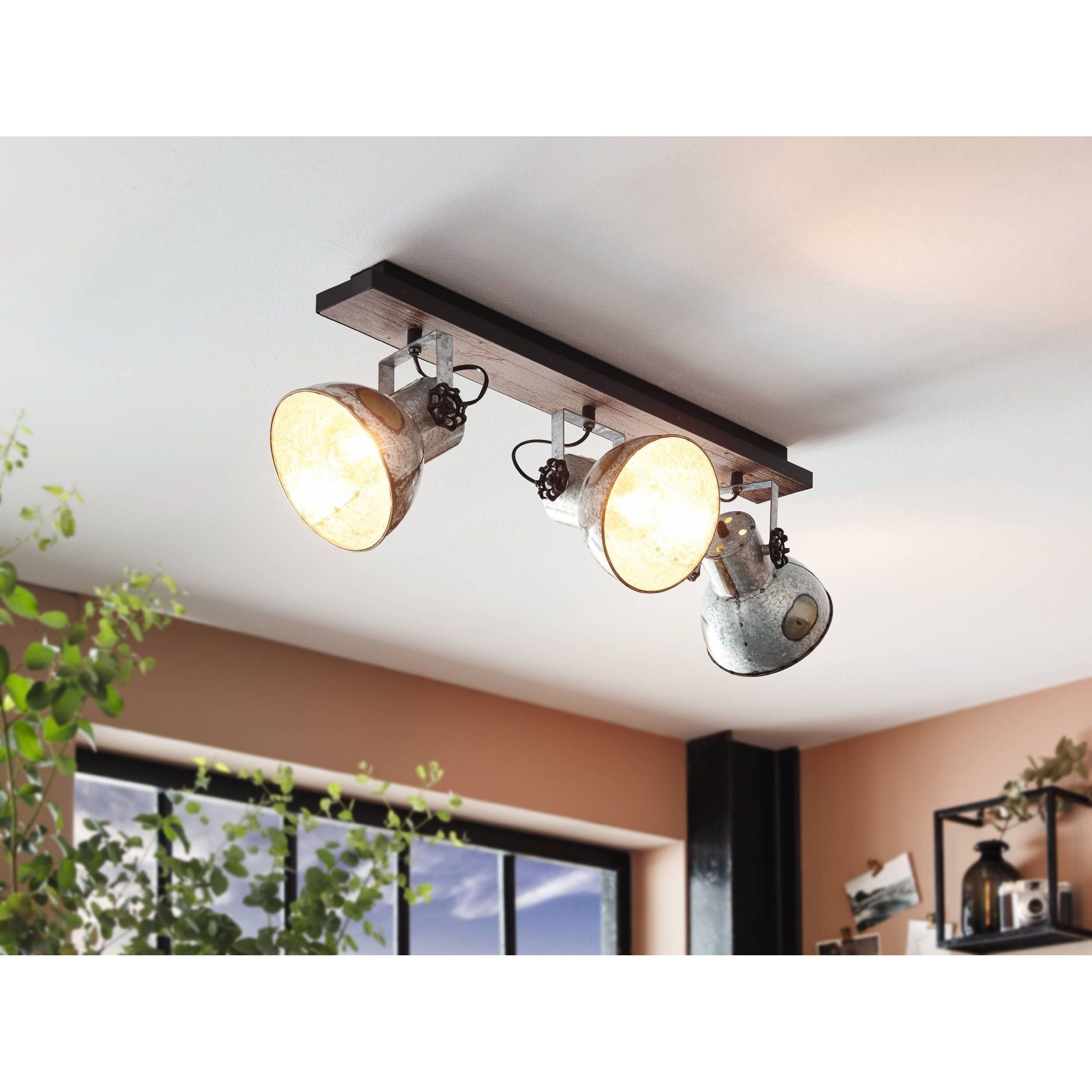 BARNSTAPLE Plafondlamp - Industrieel Spotlamp - Hout En Metaal Design - Verstelbare Zinken Spots - Vintage Look Voor Woonkamer, Keuken, Gangen - 750mm Lang - Geschikt Voor E27 Lampen