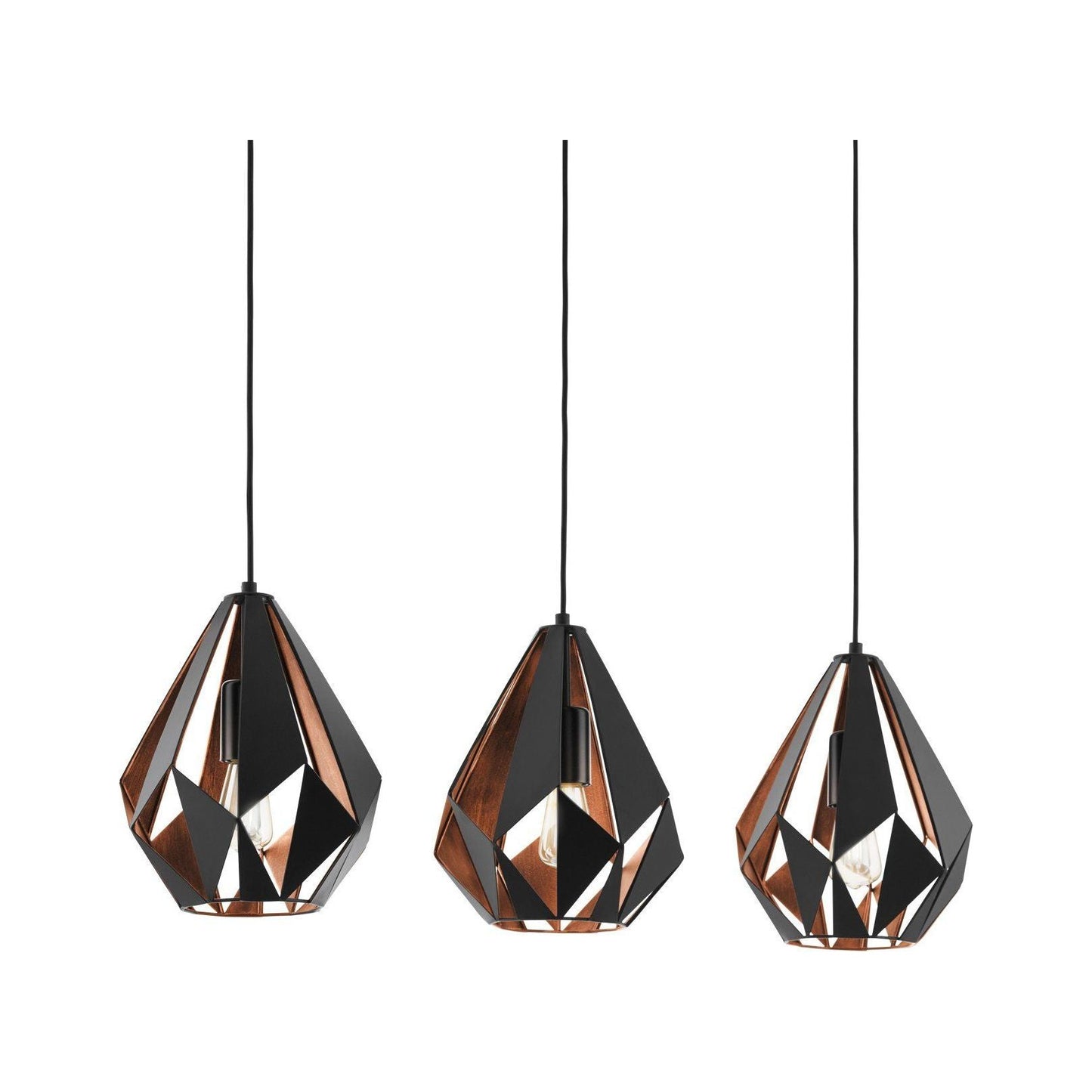 CARLTON 1 Hanglamp - Geometrisch Design in Zwart Metaal Met Koperkleurige Binnenkant - 3 Ruitvormige Kappen - Industriële Hanglamp - Geschikt Voor Woonkamer, Eetkamer, Keuken - 805mm Lang - E27 Fitting