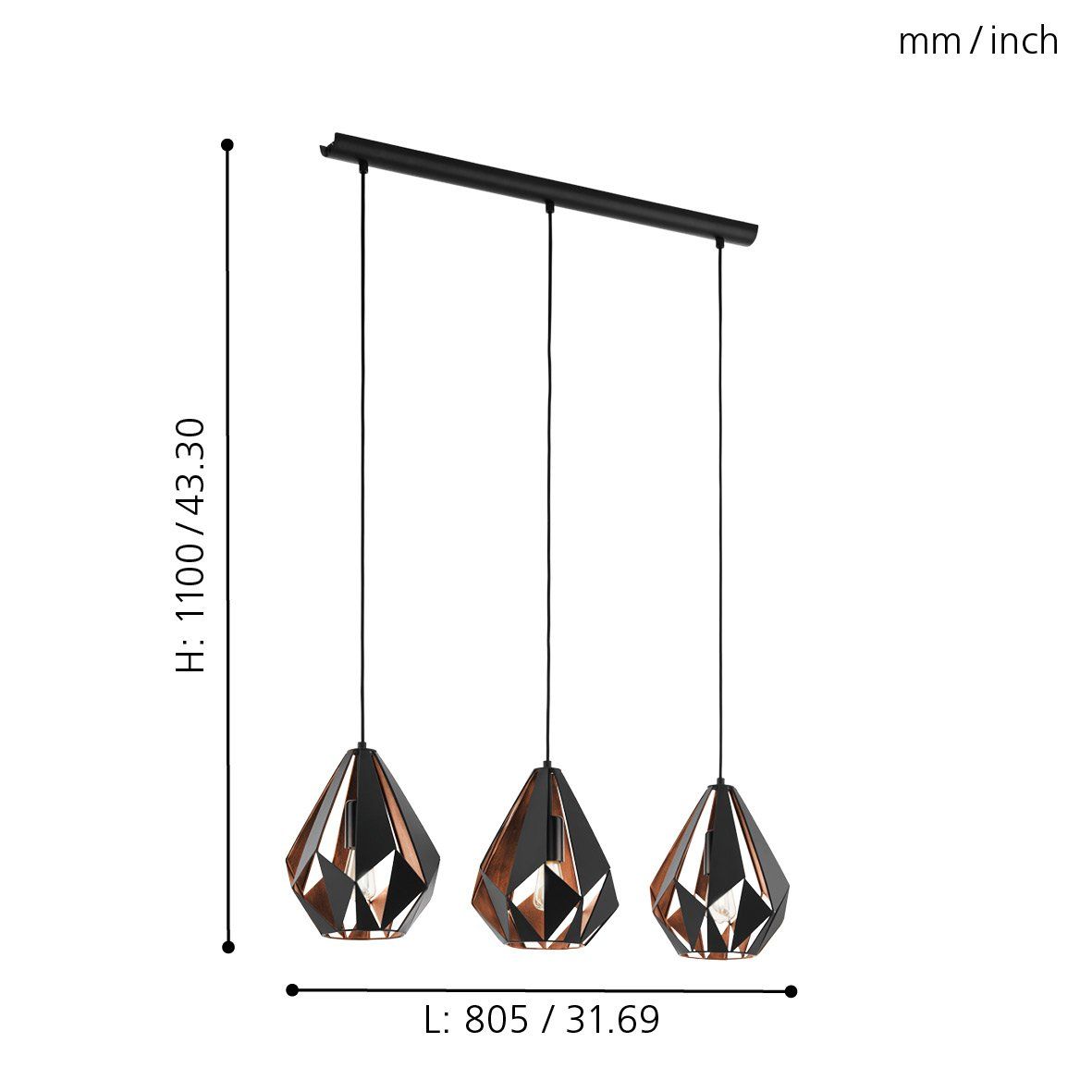 CARLTON 1 Hanglamp - Geometrisch Design in Zwart Metaal Met Koperkleurige Binnenkant - 3 Ruitvormige Kappen - Industriële Hanglamp - Geschikt Voor Woonkamer, Eetkamer, Keuken - 805mm Lang - E27 Fitting