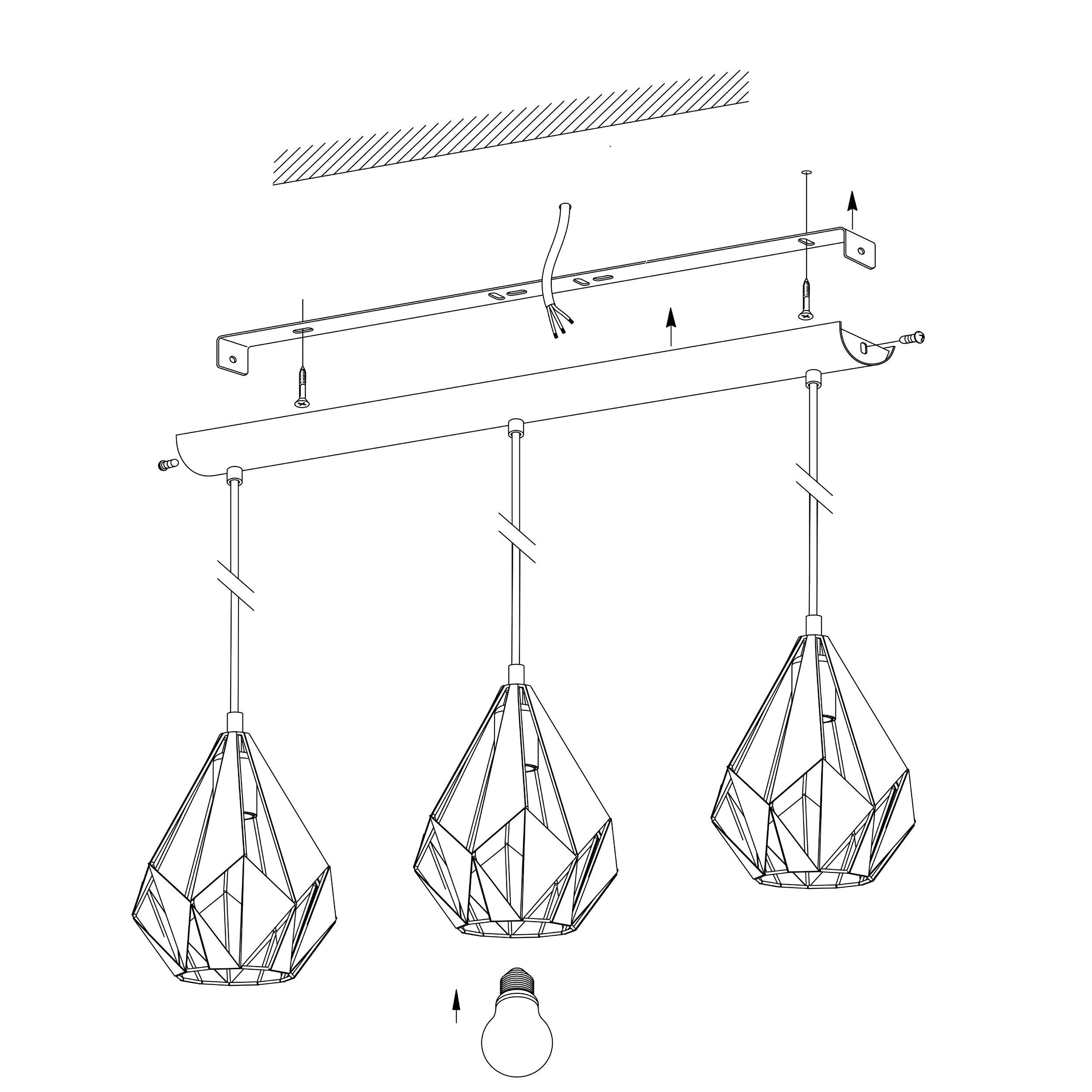 CARLTON 1 Hanglamp - Geometrisch Design in Zwart Metaal Met Koperkleurige Binnenkant - 3 Ruitvormige Kappen - Industriële Hanglamp - Geschikt Voor Woonkamer, Eetkamer, Keuken - 805mm Lang - E27 Fitting
