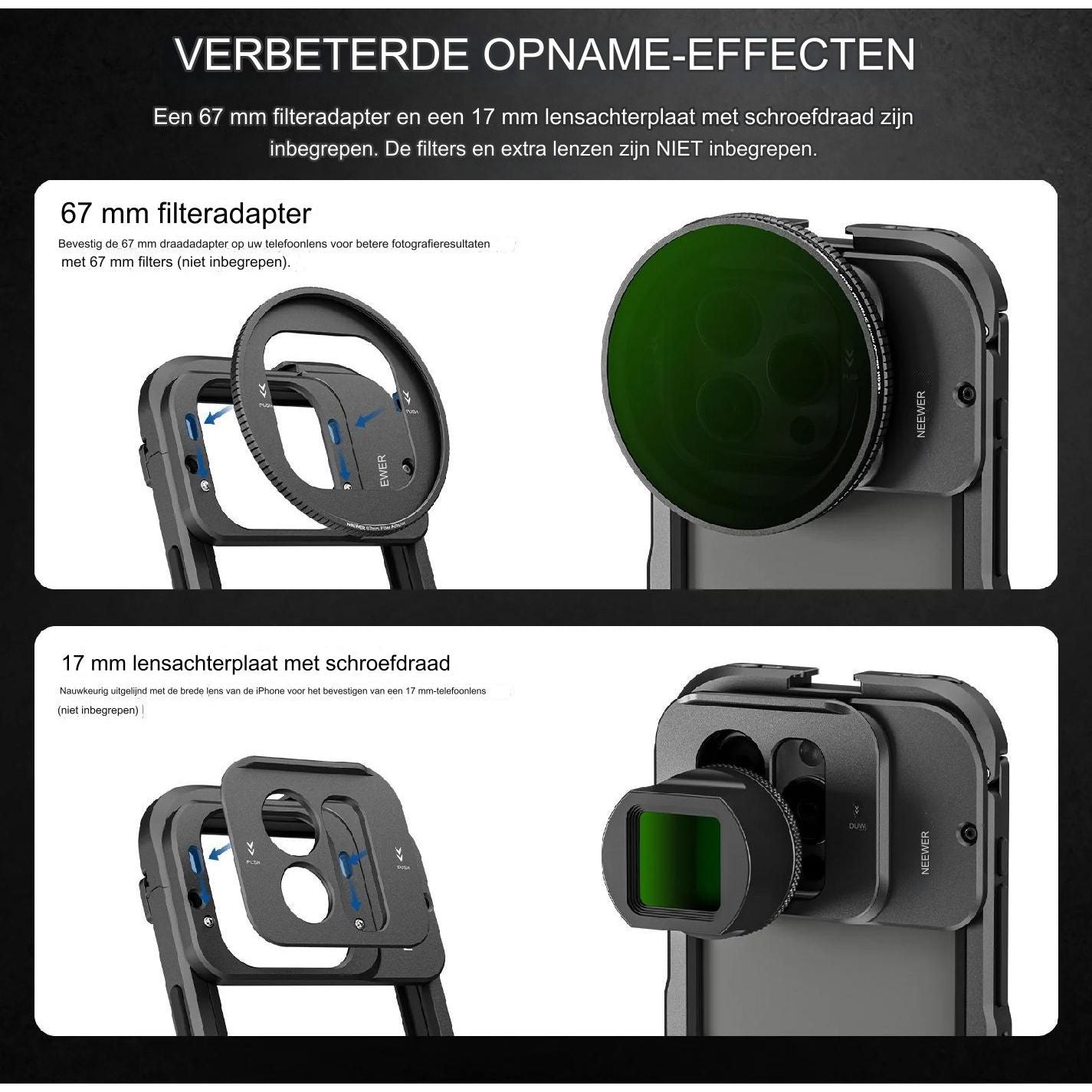 Neewer - Metalen Videocage voor iPhone 15 Pro - Bescherming & Verbeterde Vlog Ervaring - Compatibel met MagSafe & PA010 - Geen Montage Nodig - Lichtgewicht Aluminium & Rubber - Inclusief 67MM Filter- & 17MM Lenshouder - PA023