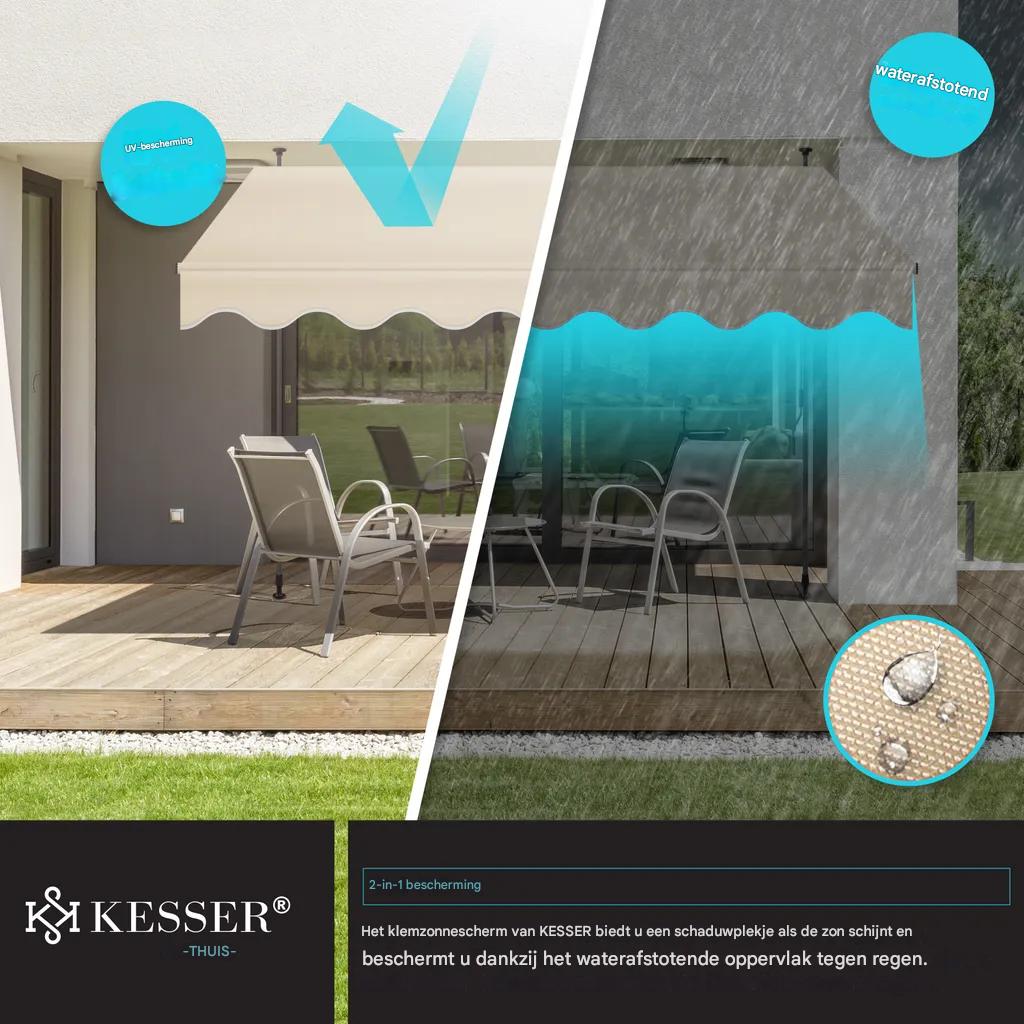 Inklapbare Klemluifel – Hoogwaardige Zonluifel – Montagehoogte 210-300 cm – UV-Bescherming – Water- en Vuilafstotend – Polyurethaan-Coating – Handmatige Slengel van 125 cm – Diagonaal / Verticaal Uitschuifbaar – Stalen Frame – 180 cm Uitschuiflengte