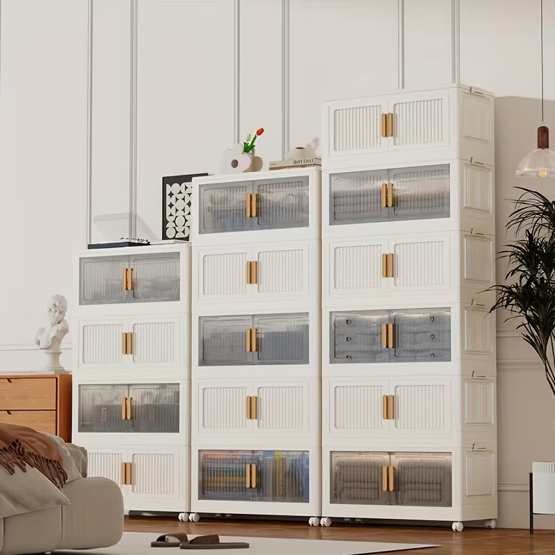 Opvouwbare opbergkast met 5 lagen – 110 cm hoog – verrijdbare plastic kast met dubbele deuren en wielen – 45 x 27 cm – ruimtebesparend opbergsysteem – inklapbare multifunctionele kast – ideaal voor speelgoed, boeken en huishoudartikelen
