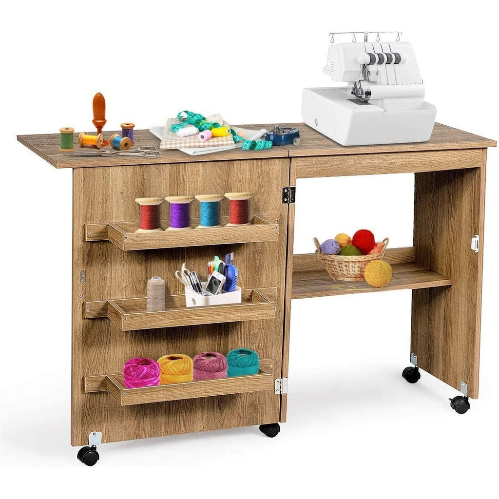 2-in-1 Naaikast en Bureau - Opvouwbare Naaimachinetafel met 3 Opbergvakken - Flexibele Rollen met Rem - Compact Ontwerp - 59x40x79,5 cm - MDF - Natuurlijk