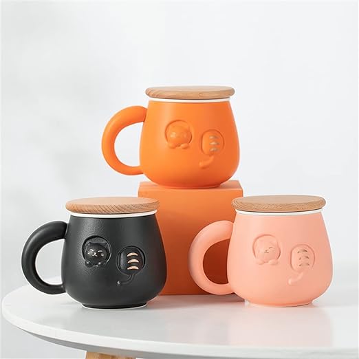 Oranje Kantoorbeker met Schattig Kattendesign - Keramische Theebeker met Deksel en Filter, 12.9 x 9.5 cm - Inclusief Reistas, Ideaal voor Thee- en Waterliefhebbers