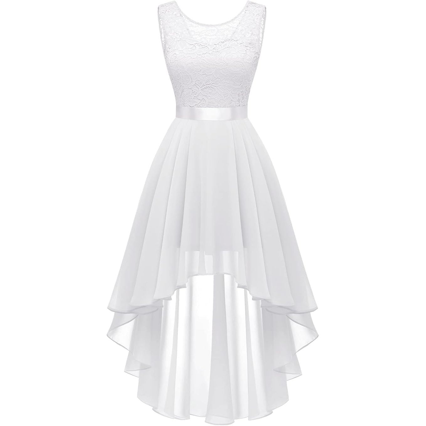 Elegante Mouwloze Hi-Lo Cocktailjurk – Kant en Chiffon – Wit – Voor Bruiloften, Feesten en Avonden