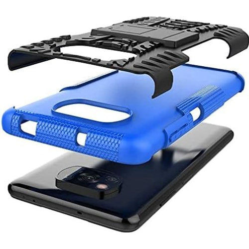 Robuust Xiaomi Poco-X3 Hoesje met Standaard en Glas Schermbeveiliging - Optimale-Bescherming - Ideaal voor Actieve Levensstijl - Blauw