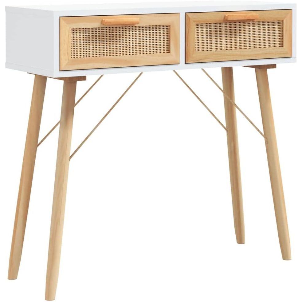 Consoletafel - Scandinavisch Design - 80x30x75 cm - Houtmateriaal en Rotan - Massief Grenen Poten - 2 Laden - Stabiel Tafelblad - Praktisch en Decoratief