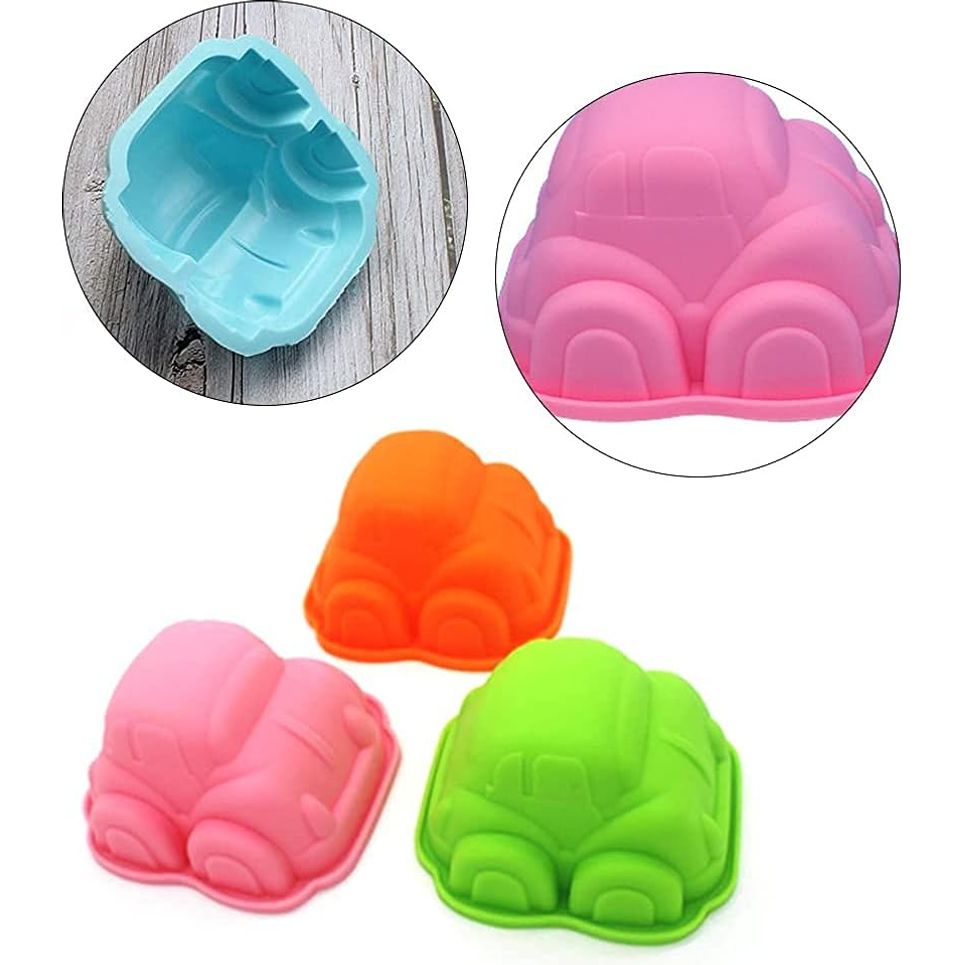 4 Stuks - Silicone Bakvormen - 3D Cartoon Auto Design - Ideaal voor Fondant, Gelei, Chocolade - Kindvriendelijk - Hittebestendig tot 230°C - Perfect voor Feestjes & Creatief Bakken - Willekeurige Kleur - Set van 4