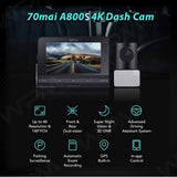 2 Delig - 70mai A800S True 4K Dual Channel Auto Dashcam Set - 2160P Voor & 1080P Achter - GPS - IMX415 Sensor - ADAS - F1.8 - 140° Breedhoek - 7G Lens - 3D-DNR - 5GHz WiFi - Tot 128GB Ondersteuning"
