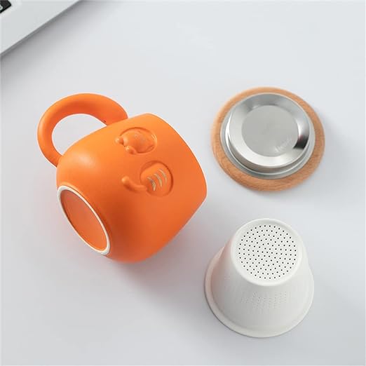 Oranje Kantoorbeker met Schattig Kattendesign - Keramische Theebeker met Deksel en Filter, 12.9 x 9.5 cm - Inclusief Reistas, Ideaal voor Thee- en Waterliefhebbers