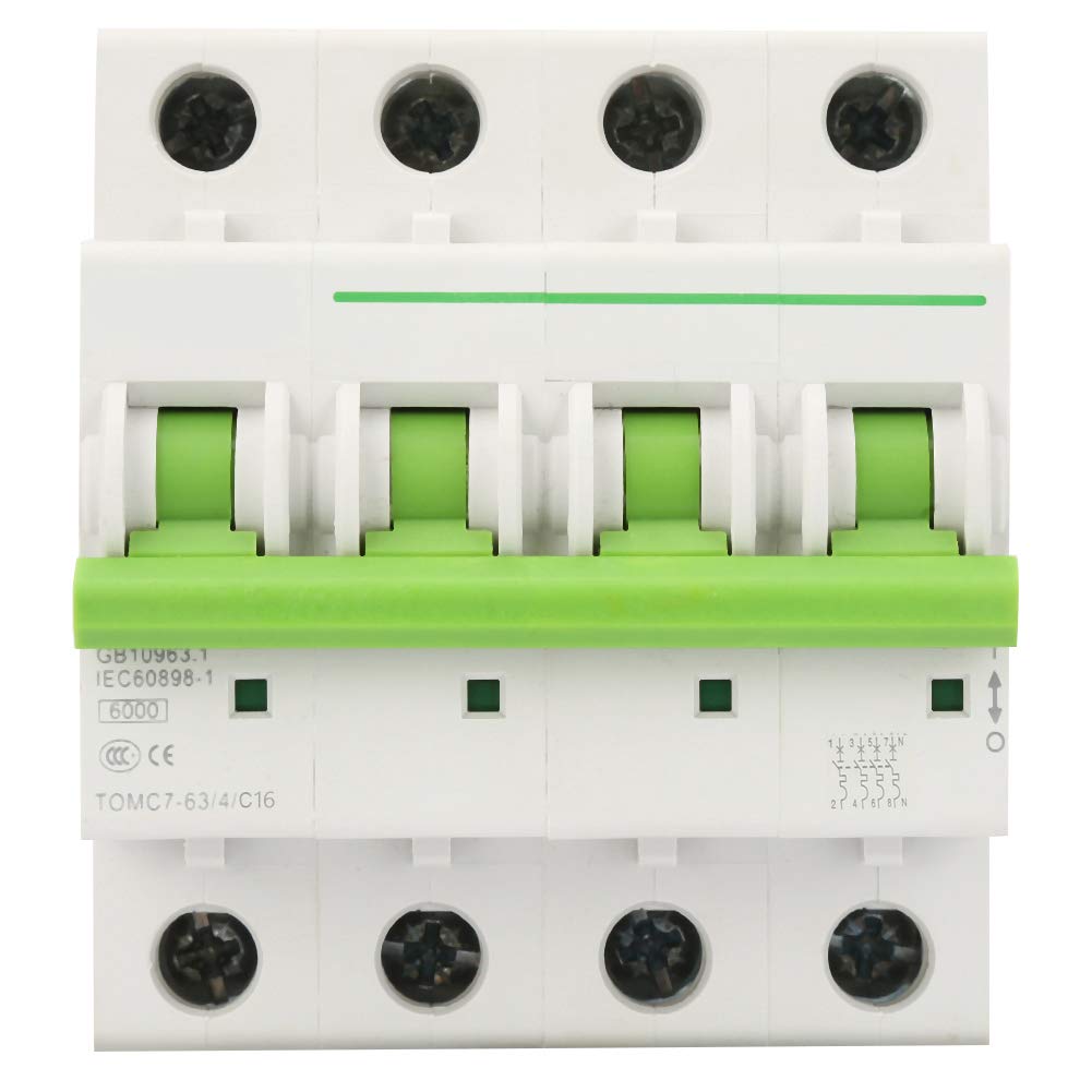 Automatische Schakelaar - 16A - 4-Pool AC 380V/415V - Type C - Miniatuur Aardlekschakelaar - Overbelasting- en Kortsluitbeveiliging - 6KA Schakelcapaciteit - Railmontage - CE, CCC en TÜV Gecertificeerd
