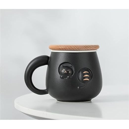 Oranje Kantoorbeker met Schattig Kattendesign - Keramische Theebeker met Deksel en Filter, 12.9 x 9.5 cm - Inclusief Reistas, Ideaal voor Thee- en Waterliefhebbers
