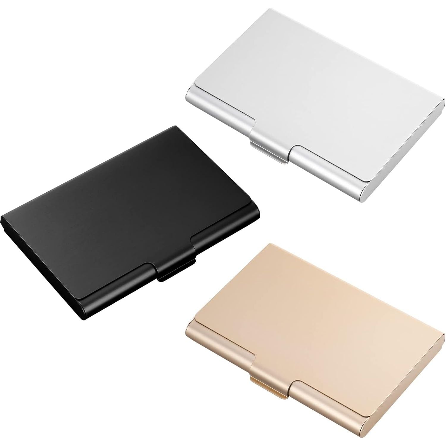 3 Delige Set RVS Visitekaarthouders - Stijlvolle en Robuuste Roestvrijstalen Visitekaarthouders Set – Professionele Uitstraling voor Zakenlieden en Ondernemers – Compacte en Draagbare Business Card Cases in Zwart, Goud, Zilver – Ruimte voor 13 Kaarten