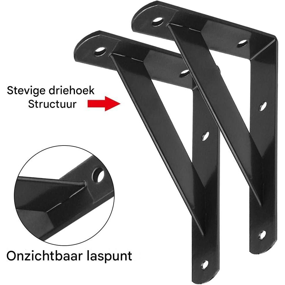 4 Stuks - Metalen Wandbeugels - Zware Hoekbeugels Voor Wandplanken - Triangel Plankendragers - 20 x 12 x 2.5 cm - 3mm Dikte - Inclusief 16 Schroeven en Pluggen - Zwarte Plankhouders - Decoratief Wandbeslag Voor Opslag en Display