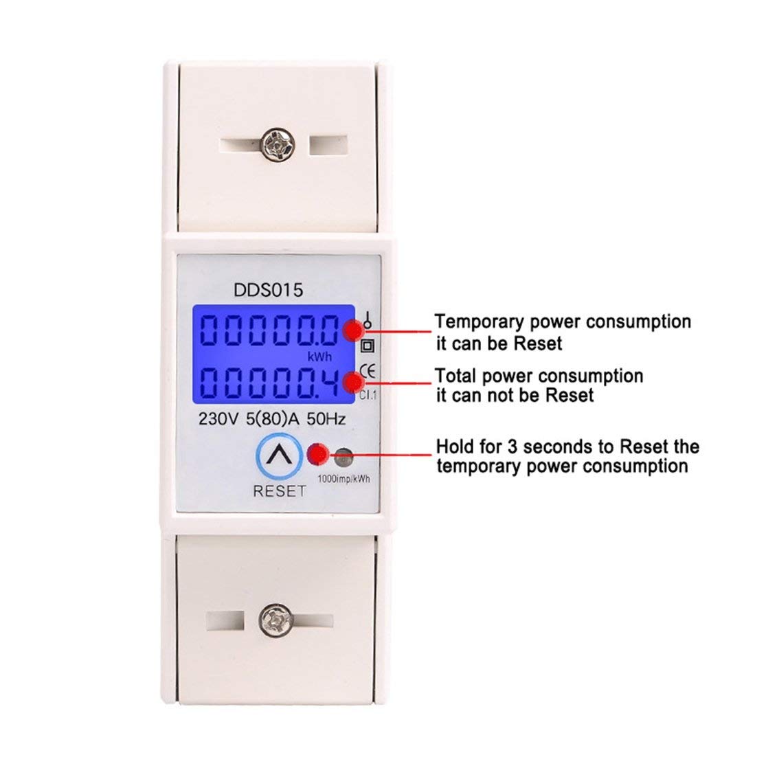 SINOTIMER - DDS015 - 230V DIN Rail Enkelfase Wattmeter - Energiemeter AC met Resetfunctie Kaemma - Vermogensverbruik en Elektronische Energiemeting - Kleur: Wit