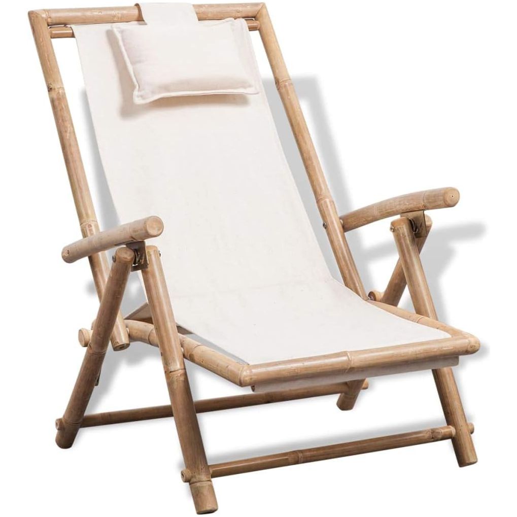 Bamboe en Canvas Ligstoel - 62 x 86 x 71-91 cm - Verstelbare Rugleuning - Opvouwbare Ontwerp - Tuinstoel - Weerbestendige Deck Chair - Outdoor Relaxstoel - Comfortabele Ligstoel - Inclusief Kussen - Voor Terras en Tuin