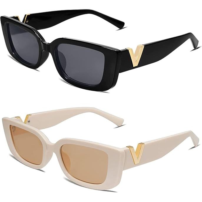 Retro Vierkante Zonnebrillen - UV-bescherming - Mode Accessoires voor Buiten - Set van 2 - Zwart & Beige