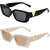 Retro Vierkante Zonnebrillen - UV-bescherming - Mode Accessoires voor Buiten - Set van 2 - Zwart & Beige