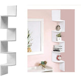 Moderne Witte Hoek Wandplank – 5 Niveaus – MDF Hout – Stijlvol en Functioneel Hoekrek – Wandmontage – Inclusief 6 Vierkante Planken