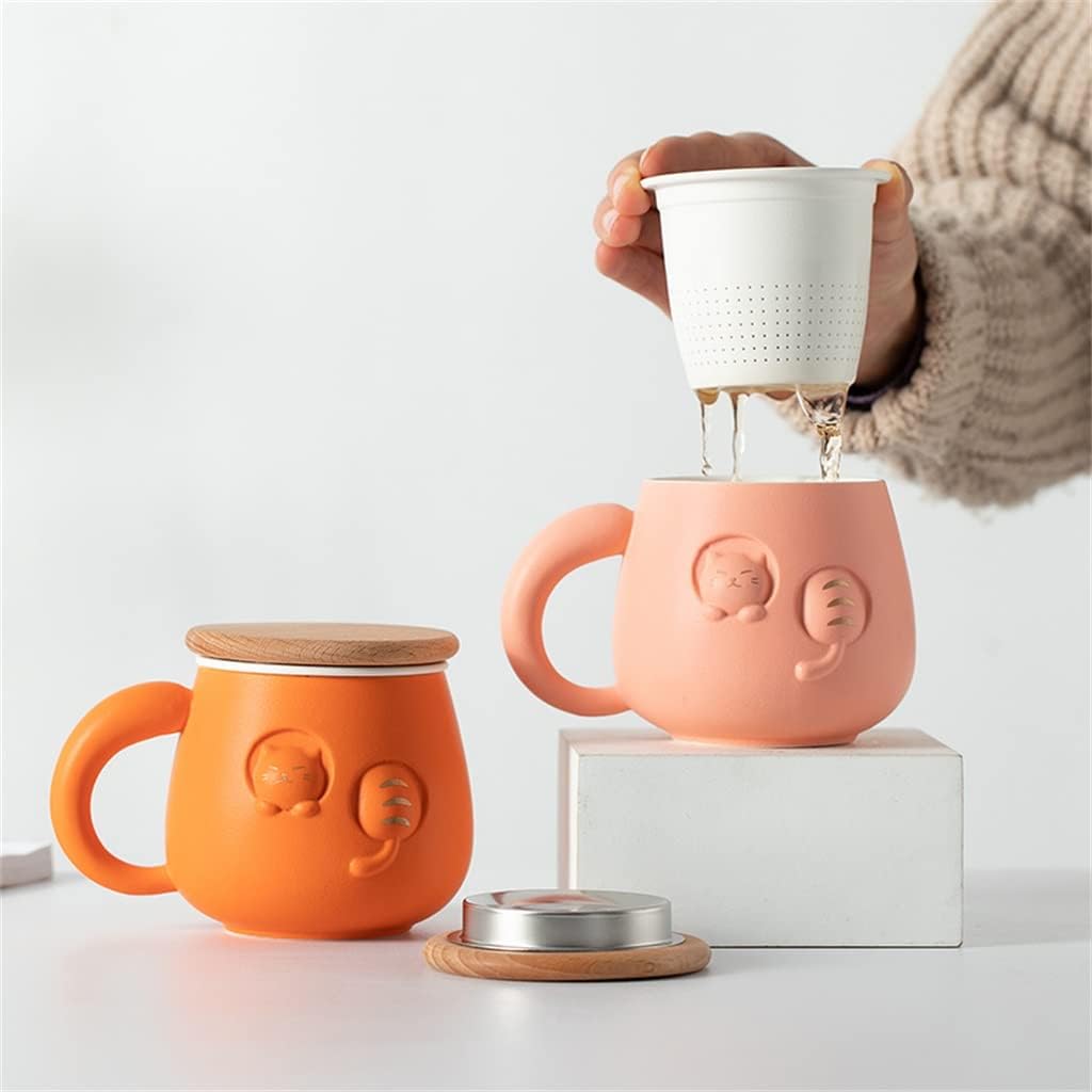 Oranje Kantoorbeker met Schattig Kattendesign - Keramische Theebeker met Deksel en Filter, 12.9 x 9.5 cm - Inclusief Reistas, Ideaal voor Thee- en Waterliefhebbers
