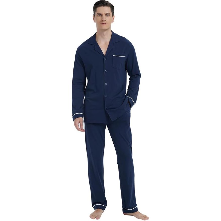 2 Delig - Heren Pyjama Set  - Lange Mouwen - 100% Katoen - Knopen-Down Nachtkleding - Zachte en Ademend Lounge Set - Met Notch Kraag en Zijzakken - Perfect voor Slapen en Ontspannen