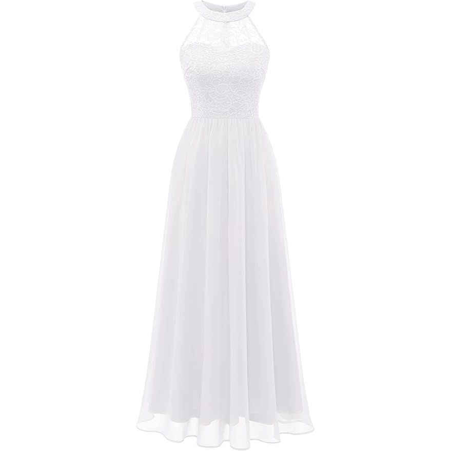 Lange Chiffon Cocktailjurk Voor Dames – Mouwloze Halterjurk Met Rekbare Kant En Off-Shoulder Detail – Elegante Zomerjurk Voor Feest, Bruiloft, Prom Of Avondgelegenheid – Luchtige A-Lijn Jurk Met Vrouwelijke Halslijn En Comfortabele Pasvorm