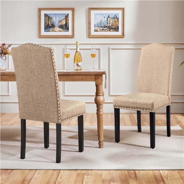 2 stuks eetkamerstoelen met hoge rug – gestoffeerde stoffen dining chairs – Parsons stijl stoel met houten poten – nagelrand afwerking – keukenstoel set khaki – 45.5 x 62 x 103 cm – moderne eetkamerstoelen met verstelbare poten